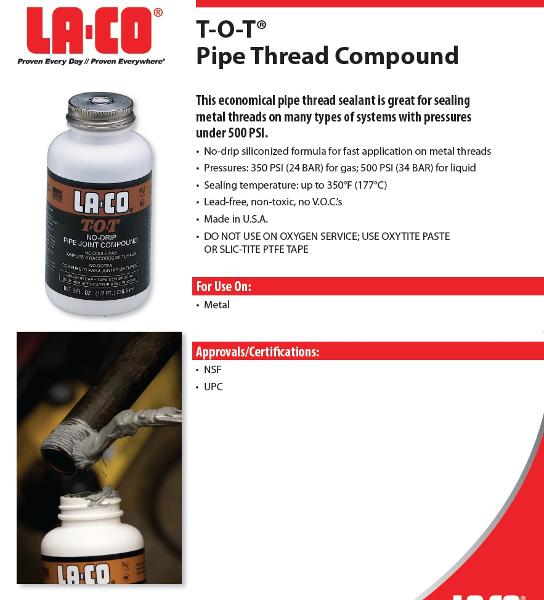 LA-CO NO DRIP PIPE JOINT COMPOUND HVACR SERVICE TOOLS CHEMICALS GENERAL ...
